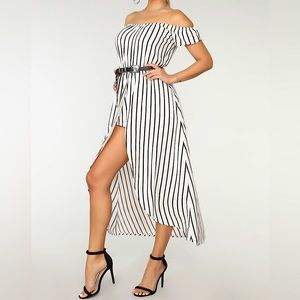 Off Shoulder Stripe Maxi Romper Dress